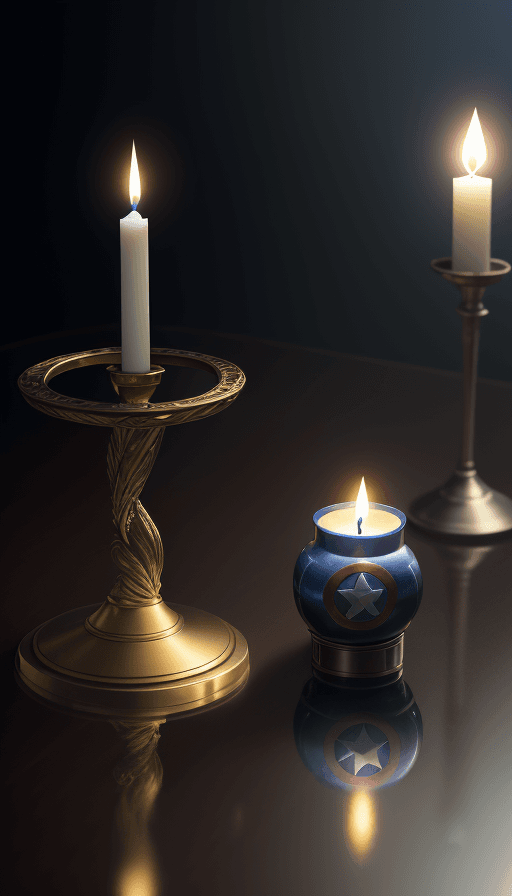 AI generated: Candle on the table with the design and character of Captain america The Candle is gold and Blue dar...