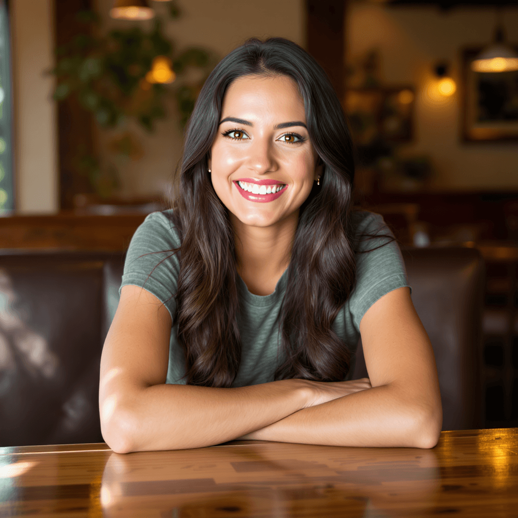 AI generated: A woman with stunning long brunette hair leans casually against a table in a cozy restaurant, her ha...