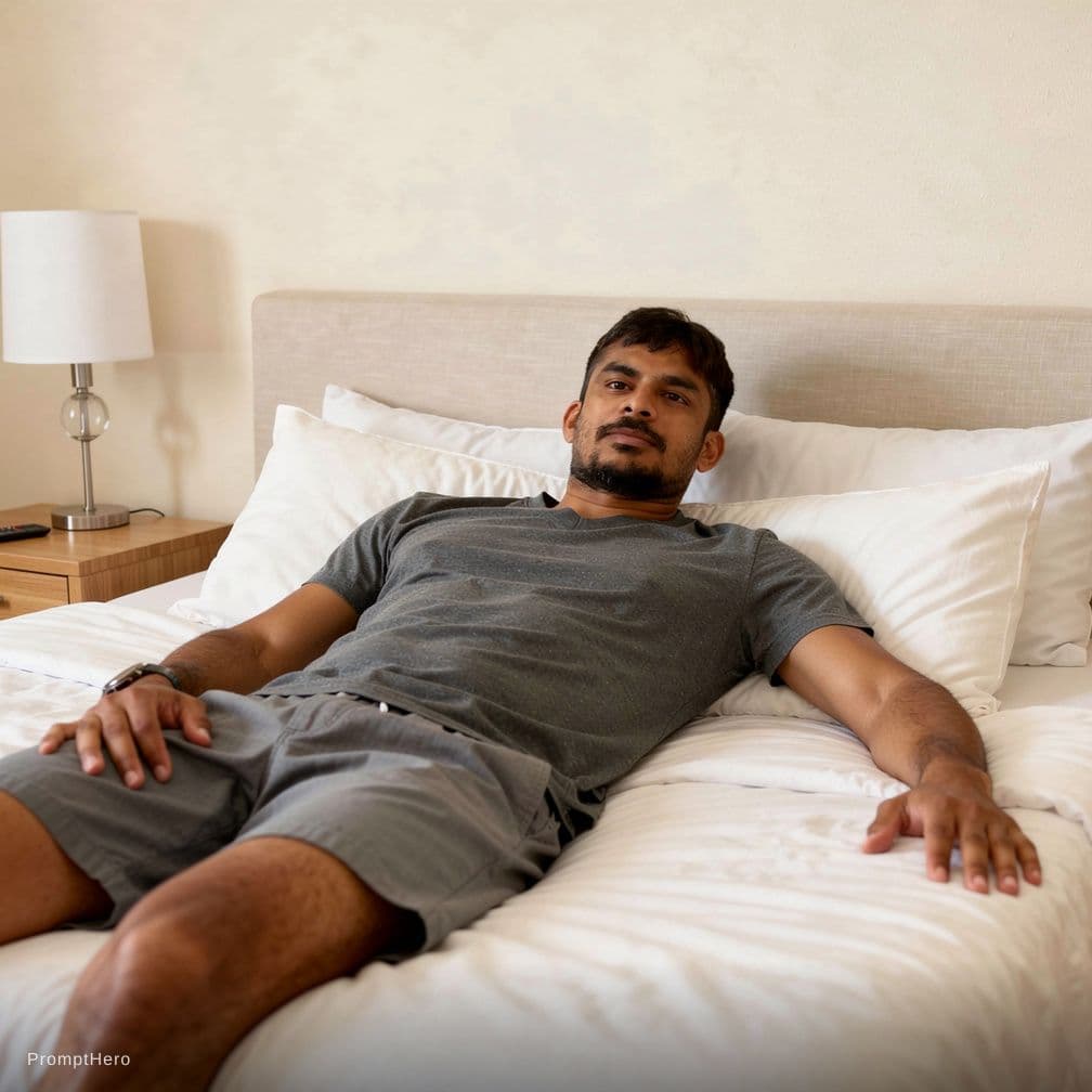 AI generated: male model in underwear laying on bed ,bulge in pants