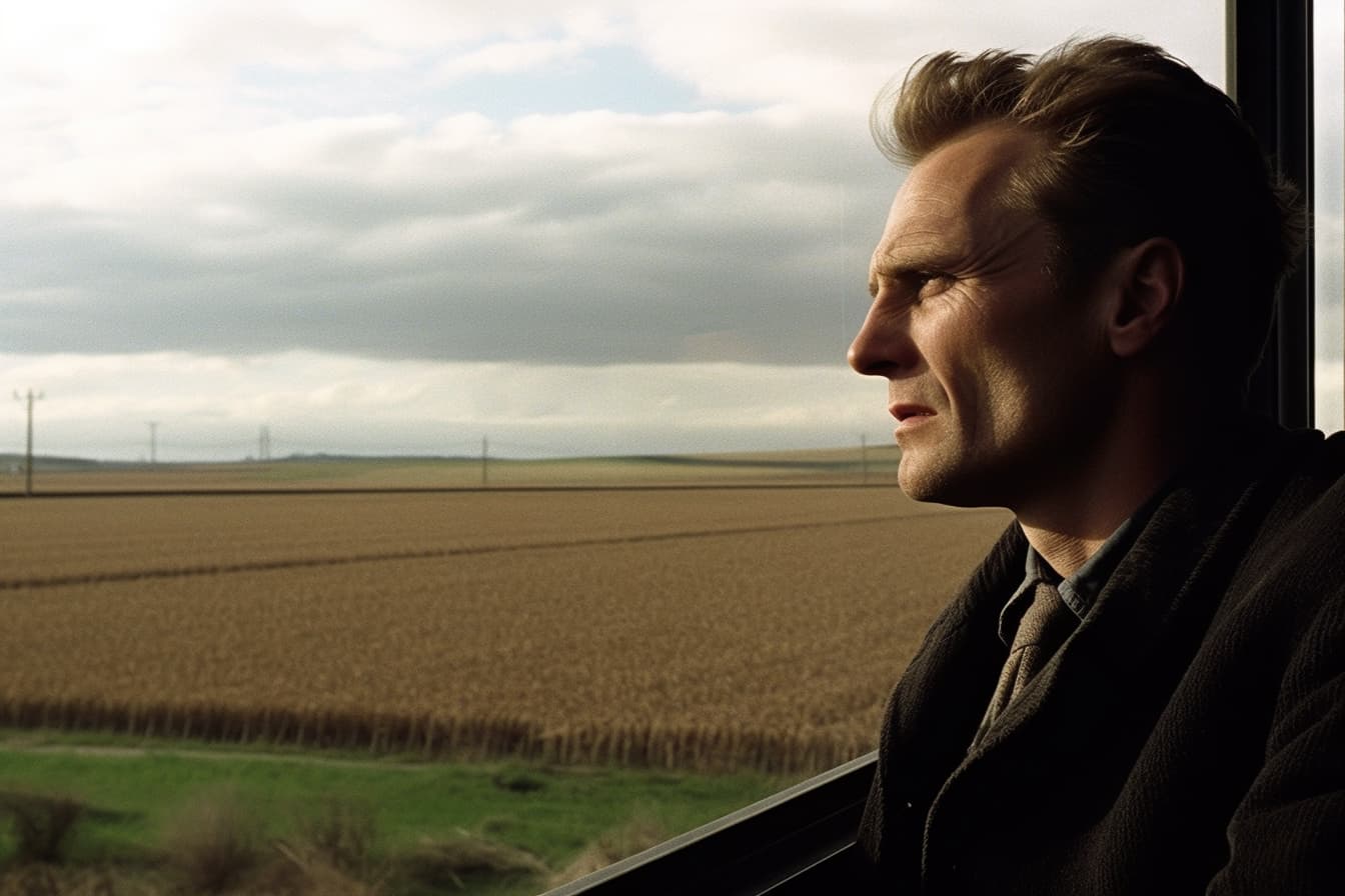 AI generated: a man ((looking out a window)) at a field, by Franz Cižek, renaissance, lost highway, very very wide...