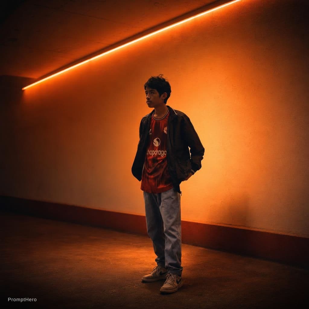AI generated: editorial photography, male model, 50mm f/1.2 RF lens, f/2.8 set, 1/160s, iso 100, gradient neon ora...