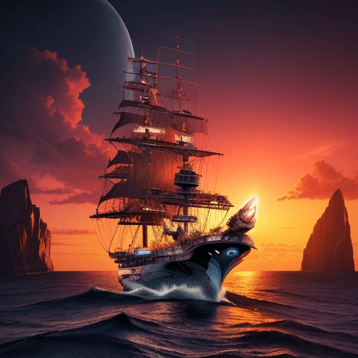 AI generated: Beautiful alien, frigate at sea against the backdrop of sunset, fantastic landscape, unusual eyes, h...