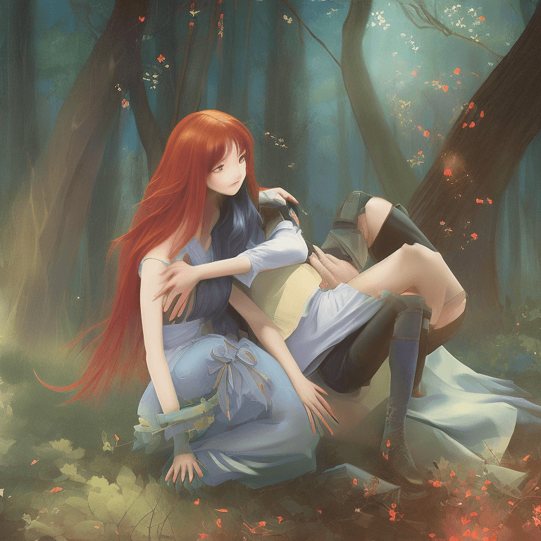 AI generated: a short stature boy and a girl sitting together and hugging in a forest. girl has long flowing red h...