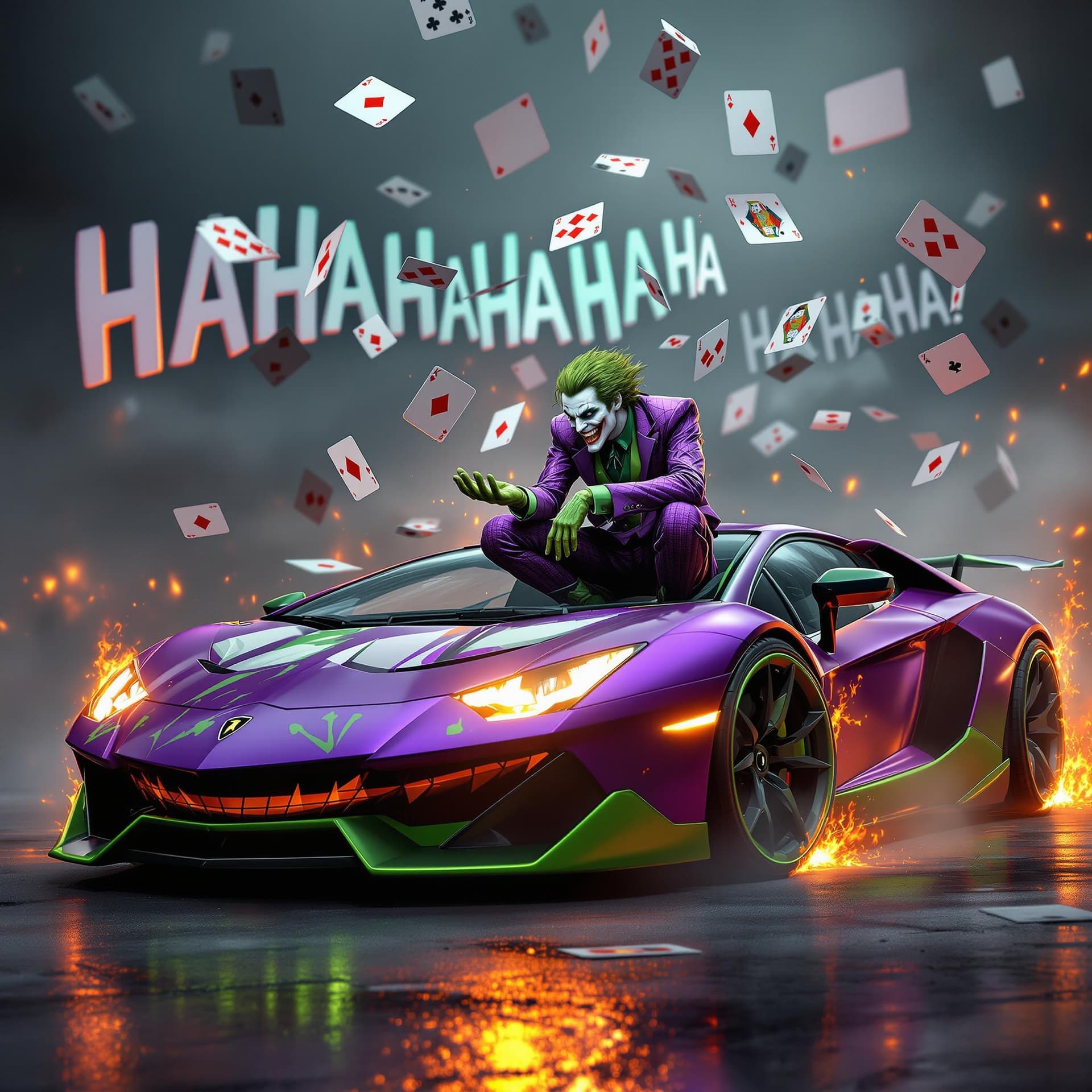 AI generated: the joker is crouched on the hood of a purple and green joker inspired lamborghini that has a painte...