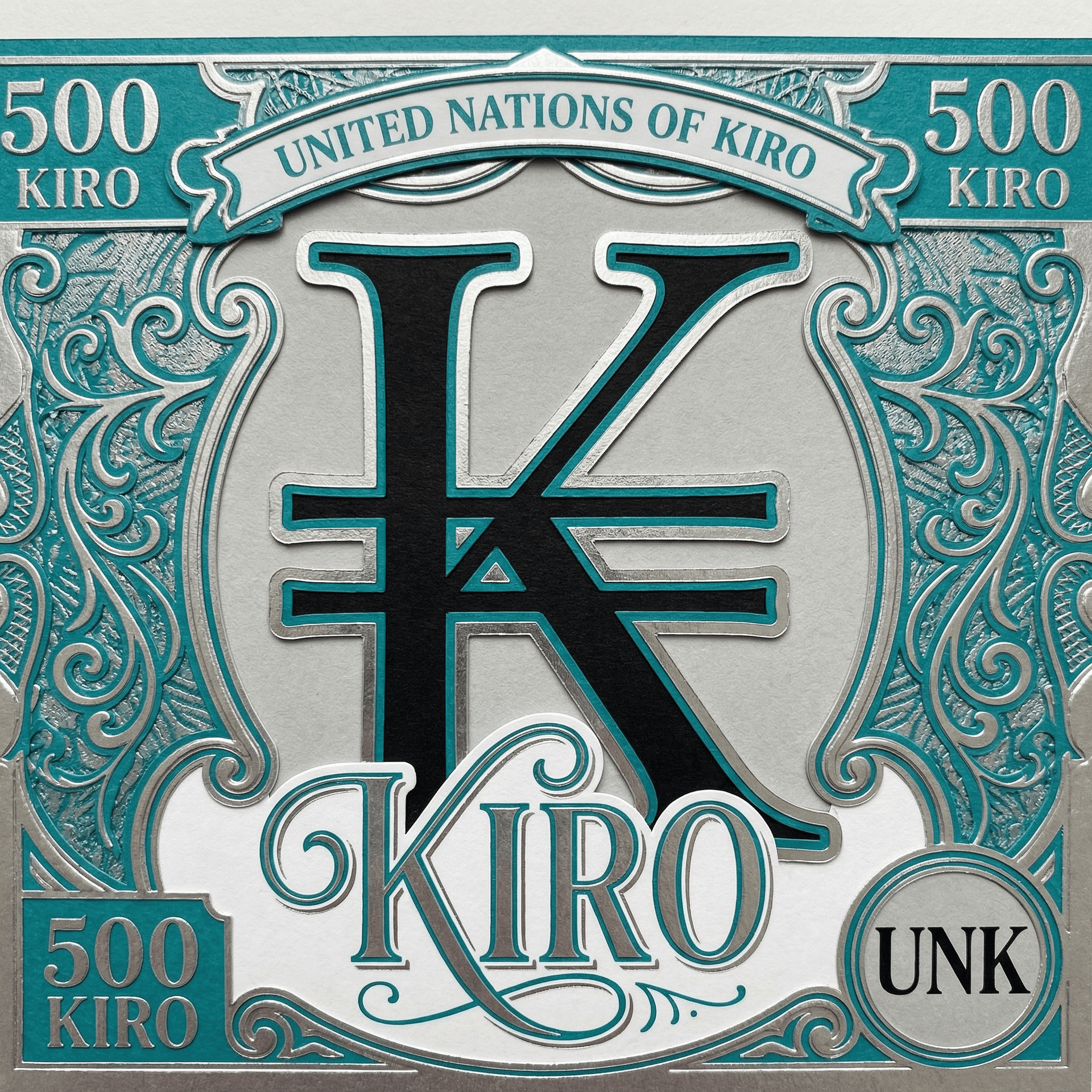 AI generated: Create a bill with the symbol that looks like a "K" with two horizontal lines crossed through it wit...