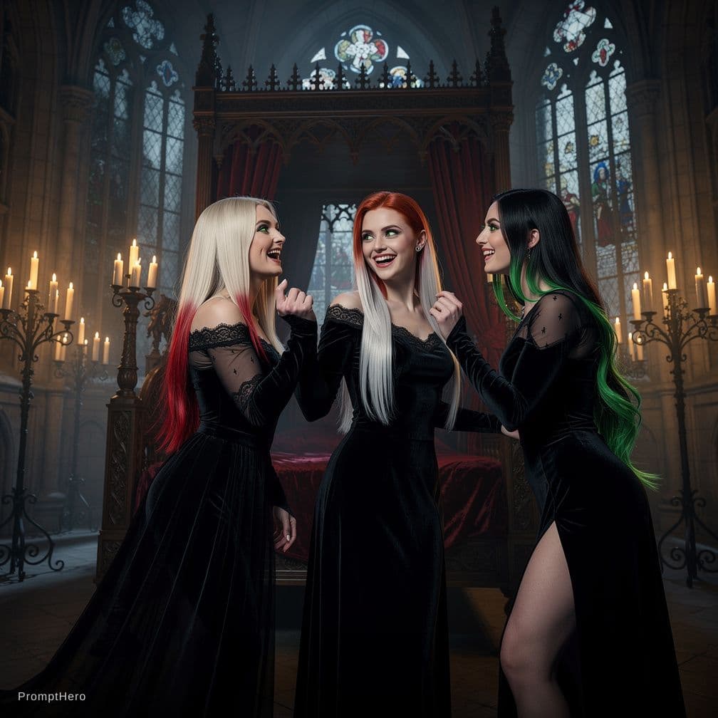 AI generated: Highly sensual and joyful dark vampire scene at night in a grand gothic chamber, three breathtakingl...