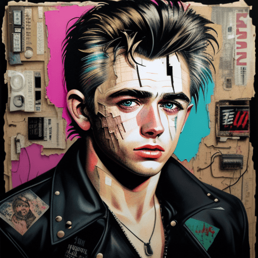 AI generated: Ultra detailed medium portrait painting of james dean, torn up punk poster, broken circuitry backgro...