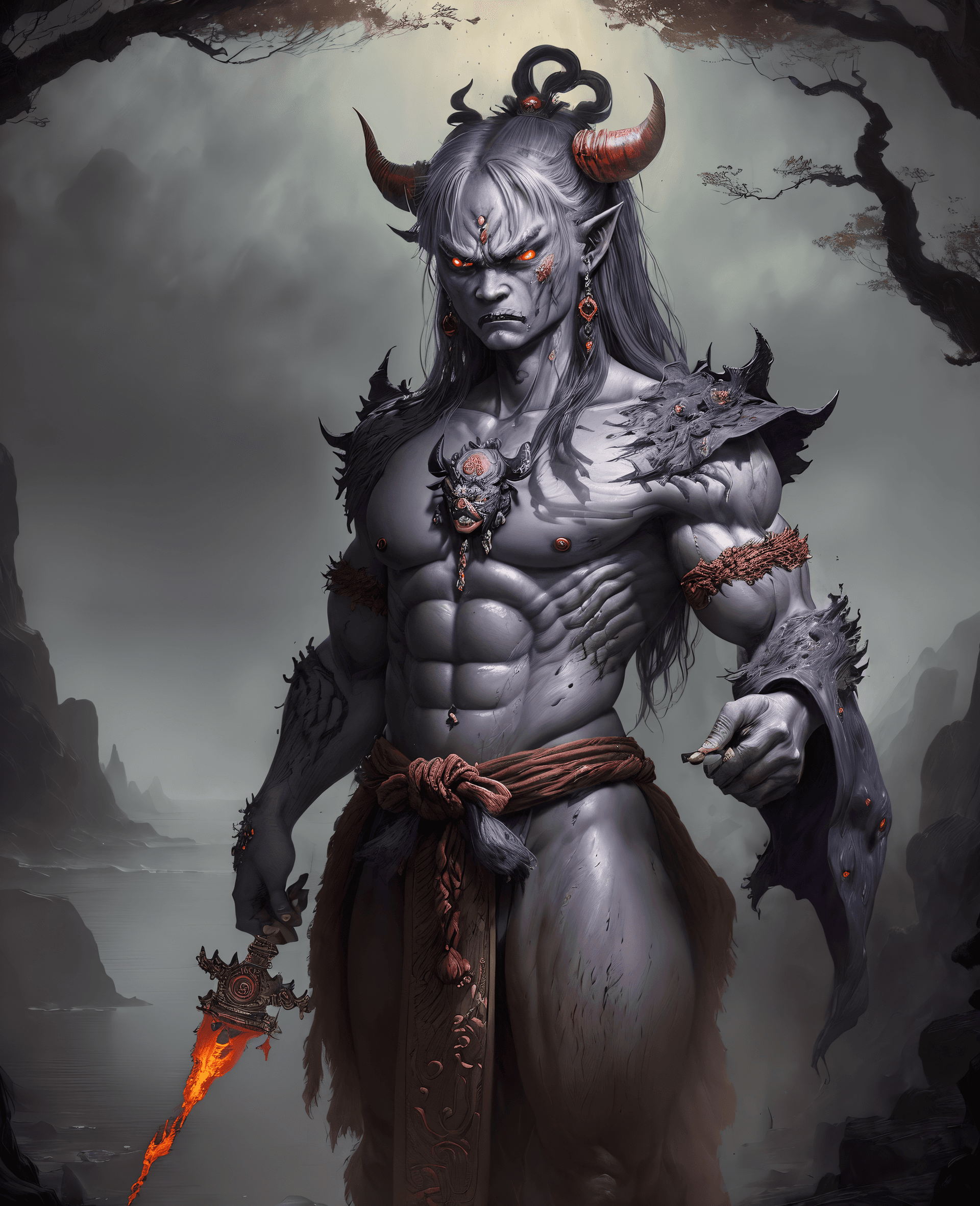 AI generated: (masterpiece award winning highest quality:1.2) , a (Oni:1.2) , angry , menacing, Fantasy environmen...