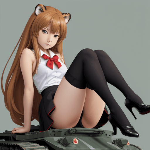 AI generated: masterpiece, taiga aisaka, smug, cute face, anime, anime face, sit on tank, hold, hug, red school un...