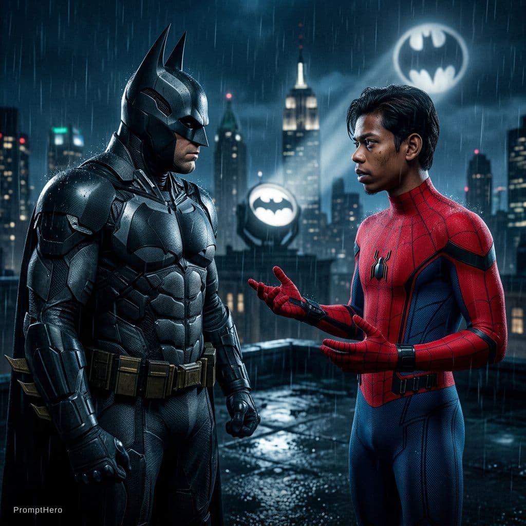 AI generated: realistic batman, spiderman meting 