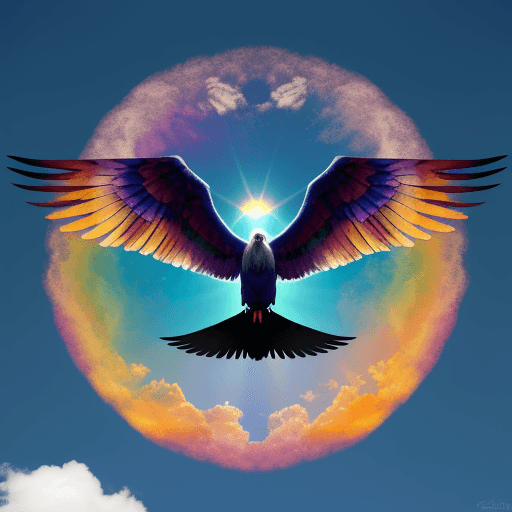AI generated: un ave con alas multicolor en un cielo despejado y con un sol radiante