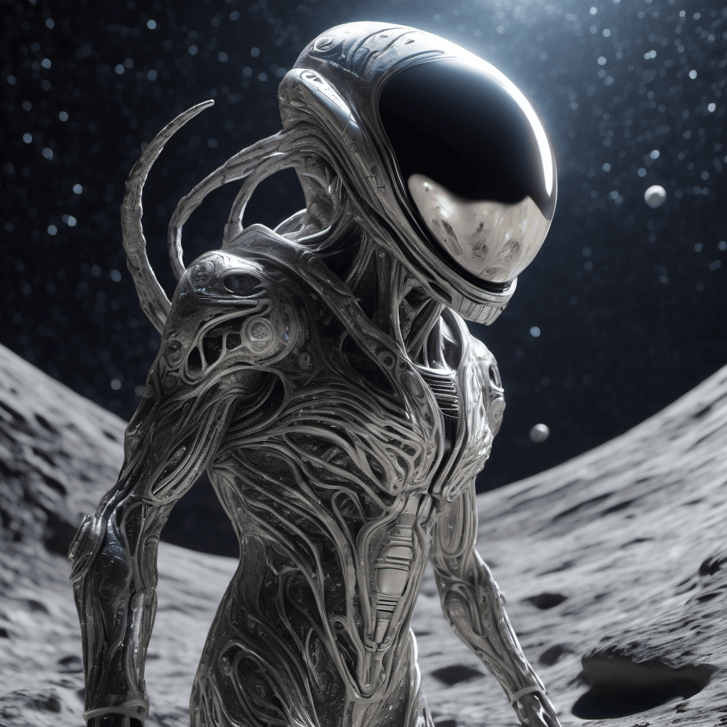 AI generated: epic, masterpiece, alien friendly standing on moon, intricated organic neural clothes, galactic blac...