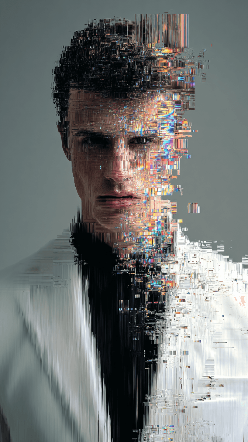 AI generated: realistic portrait of a man, front central shot, gaze, contemporary styled, wearing a minimalist whi...