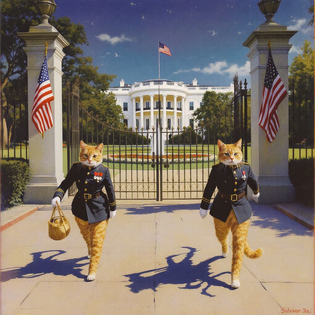AI generated: Cats in uniform marching to the gates of the White House. By salvador dali.