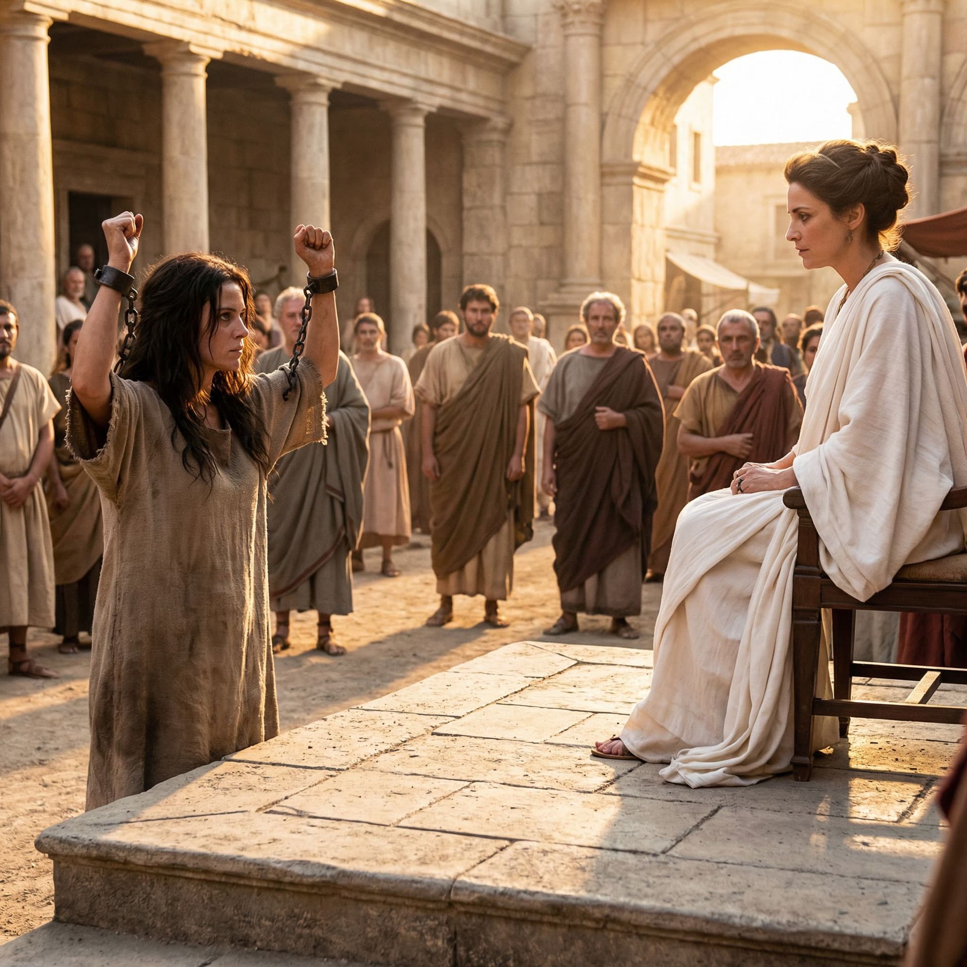 AI generated: hyper realistic photograph of an woman  standing nude on a stone slave market platform, arms raised ...