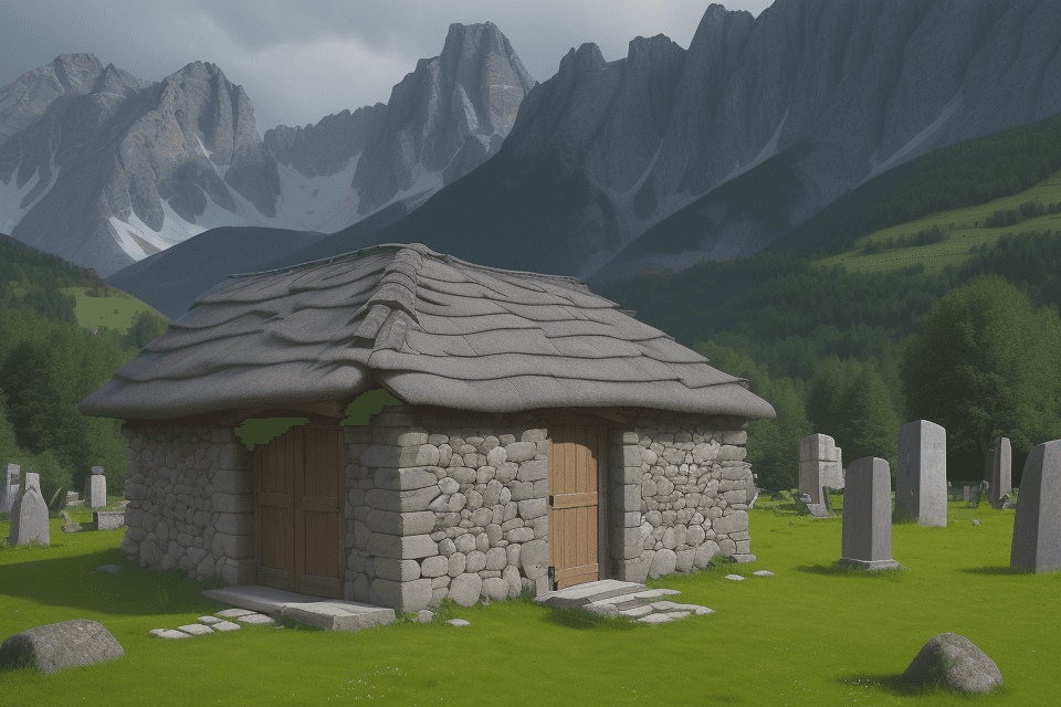 AI generated: a large stone hut, without windows, with a wooden roof in a meadow near the woods of the Alps. insid...