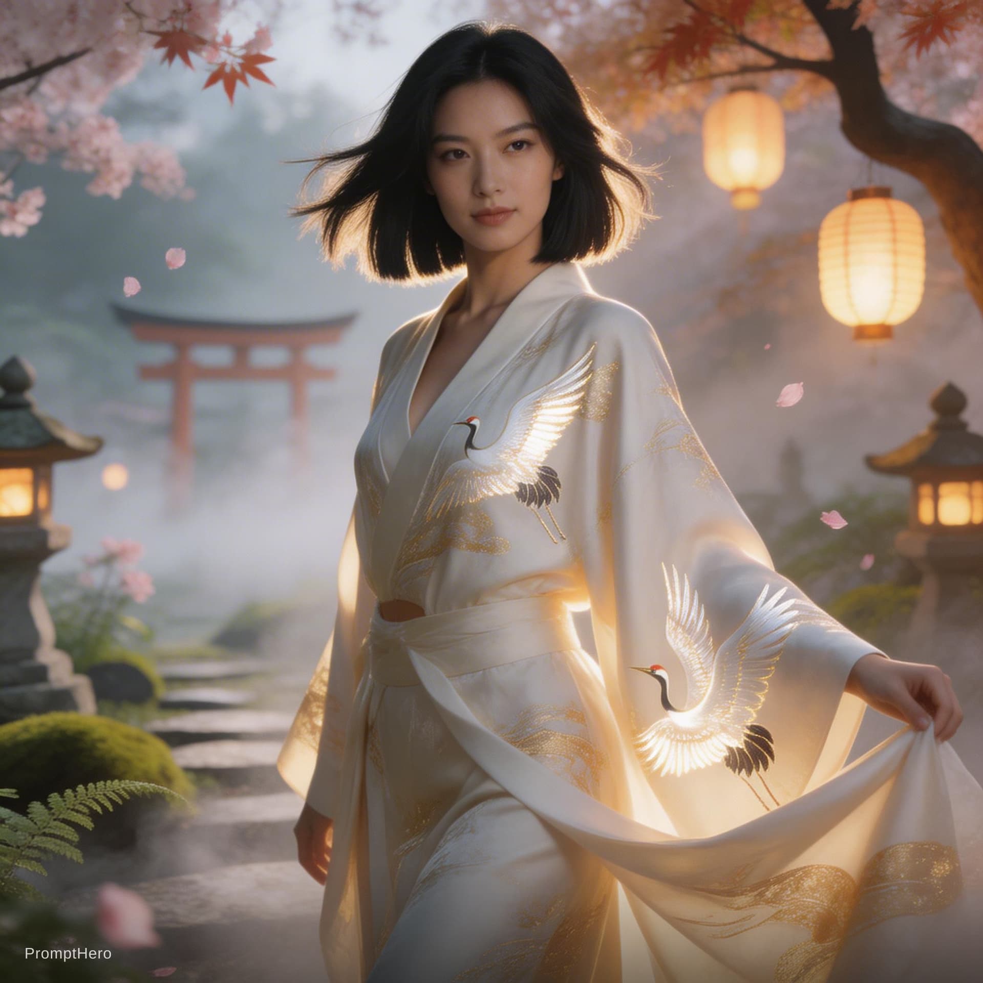 AI generated: A cinematic editorial photograph of a seductive woman in a flowing silk yukata, its fabric slightly ...