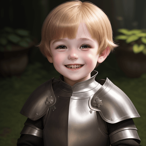 AI generated: young boy, 4 year old, dark brown eyes, very round face, straight hanging honey blond hair, short jo...