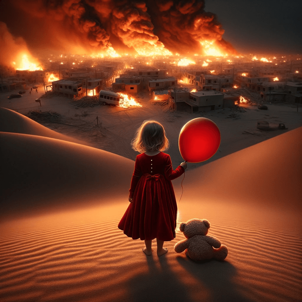 AI generated: A photograph of a small girl dressed in red, holding a red balloon in her hand. She has dropped a te...