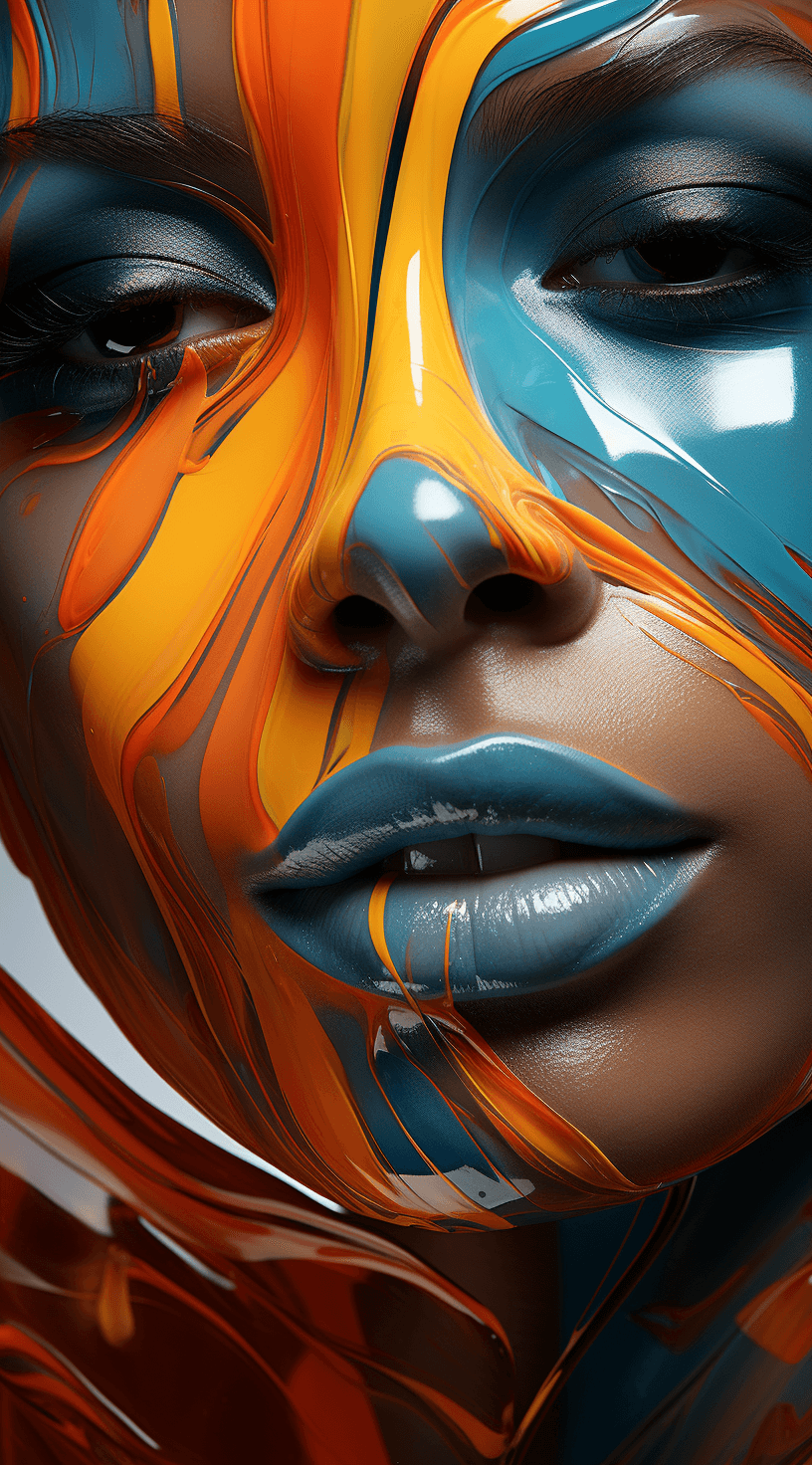 AI generated: blue and orange paint on the face of a woman, in the style of vray tracing, fluid forms, hyper-reali...