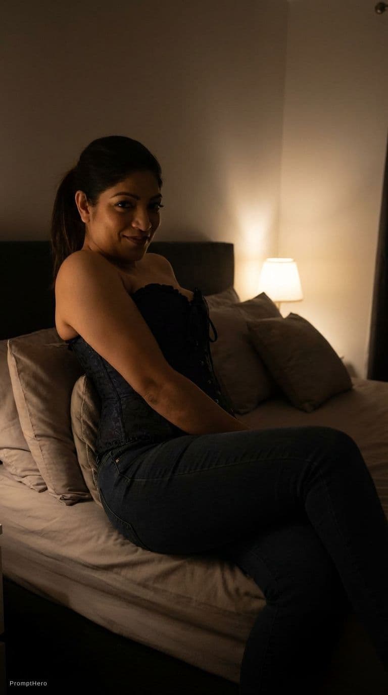 AI generated: Make her wear a corset and fit formous jeans, ponytail hairstyle, sitting on a bed almost laying sit...