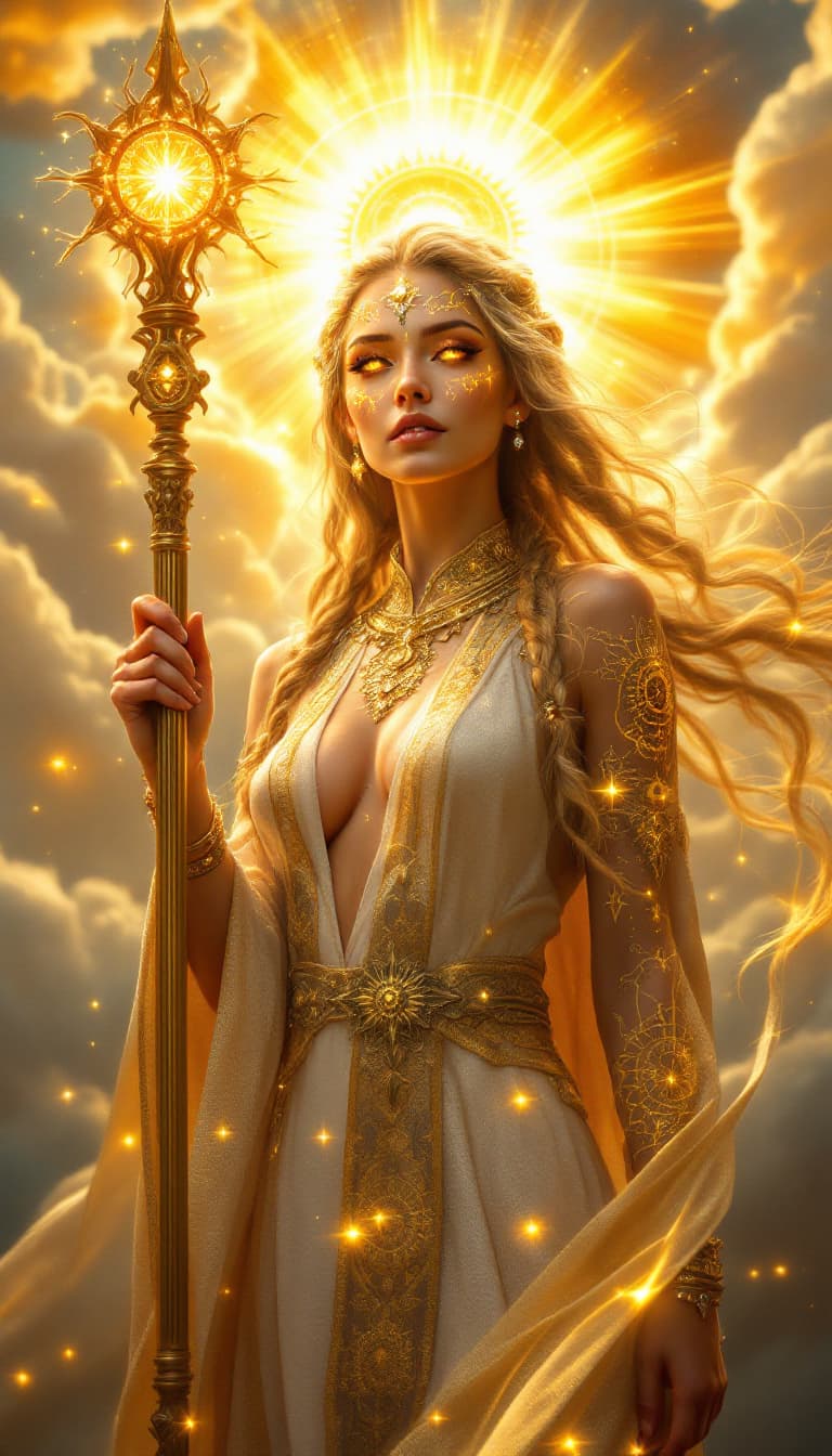 AI generated: An ultra-realistic, full-body portrait of a captivating solar priestess woman, radiating radiant pow...