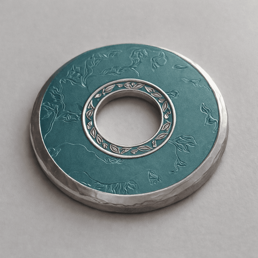 AI generated: a Teal coin with a silver edge and a hole in the middle of it with the inner edge also having a silv...