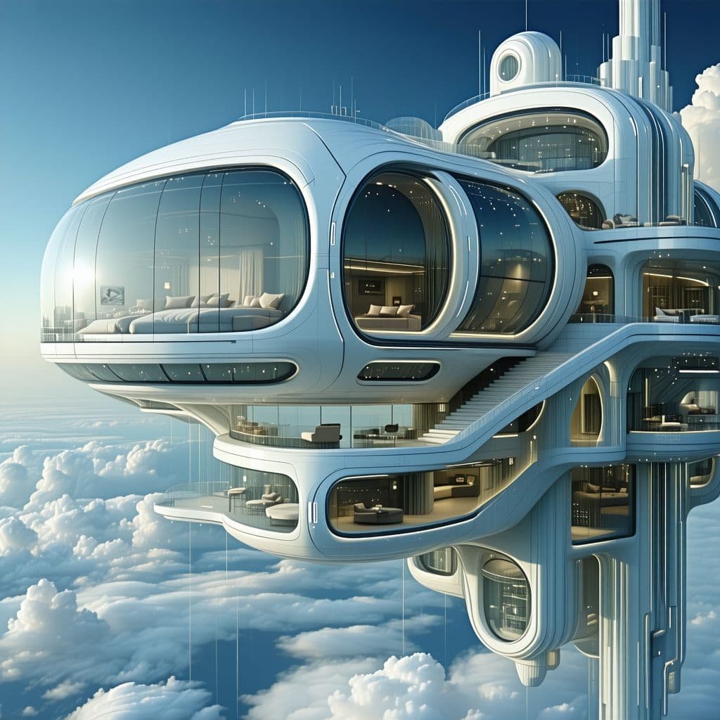 AI generated: a closeup of a futuristic floating multi story home 