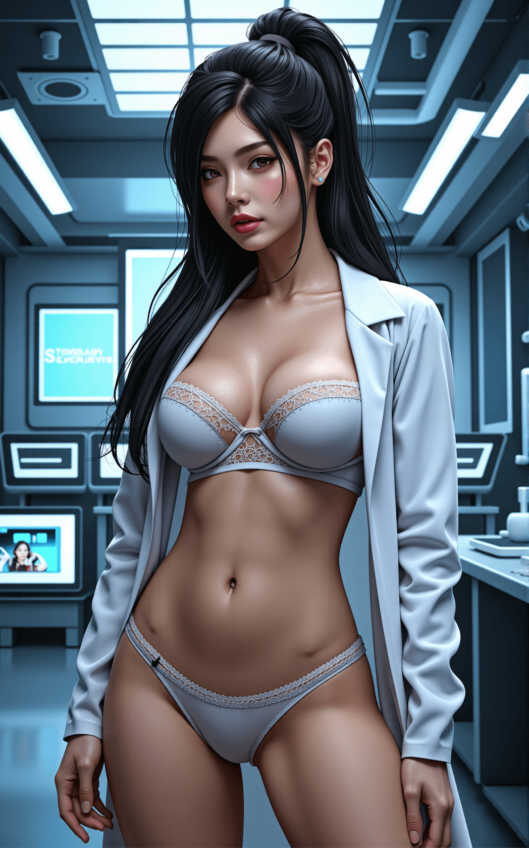 AI generated: A hyper-detailed digital artwork of an alluring scientist young woman, rendered in a polished semi-r...