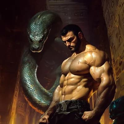 AI generated video: A giant serpent raises it head behind a muscular superhero, the superhero breathes heavily anticipat...