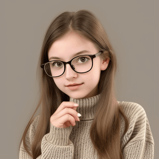 AI generated: a young girl with hazelnut eyes and long brwon hair, wearing glasses, dressed in a sweater