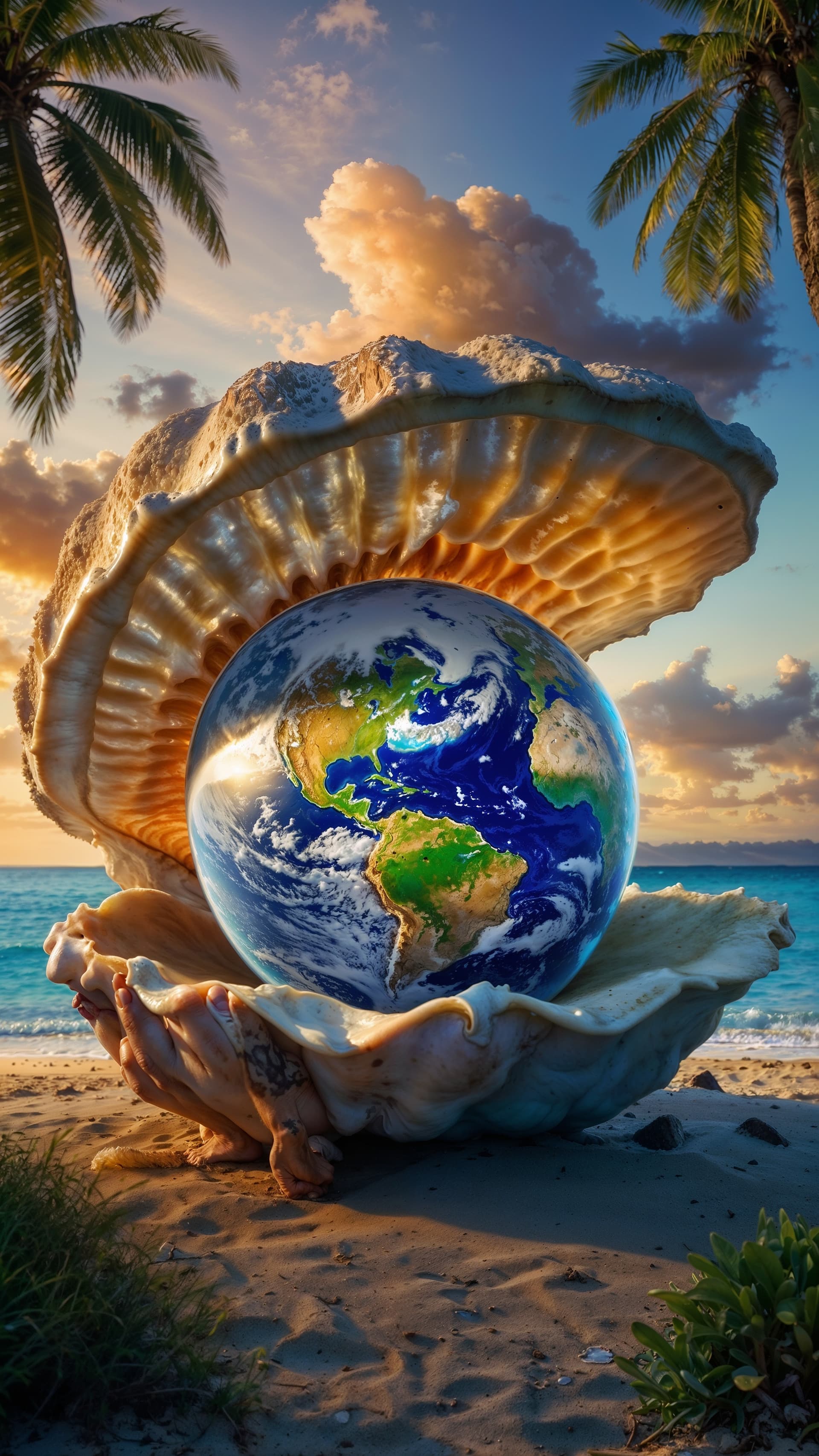 AI generated: the (((planet earth!))) inside a giant clam shell on a beach, palm trees, blue ocean, by Albert Dros...