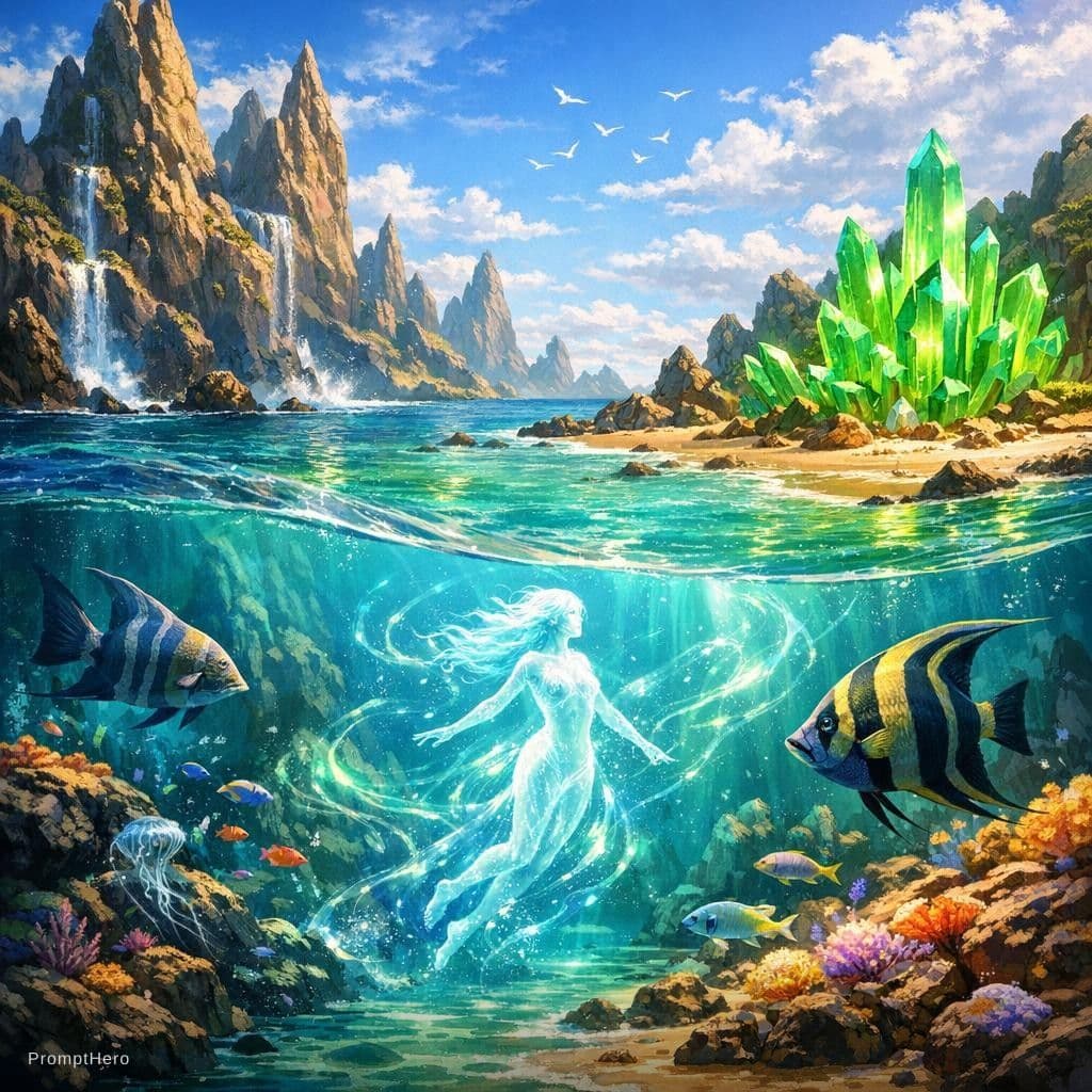 AI generated: "Vibrant coastal fantasy landscape with towering jagged rock formations, turquoise water revealing u...