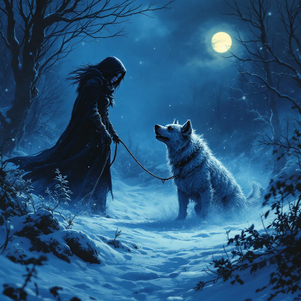 AI generated: demonic woman, winter night, demonic cane corso dog, northern light backround