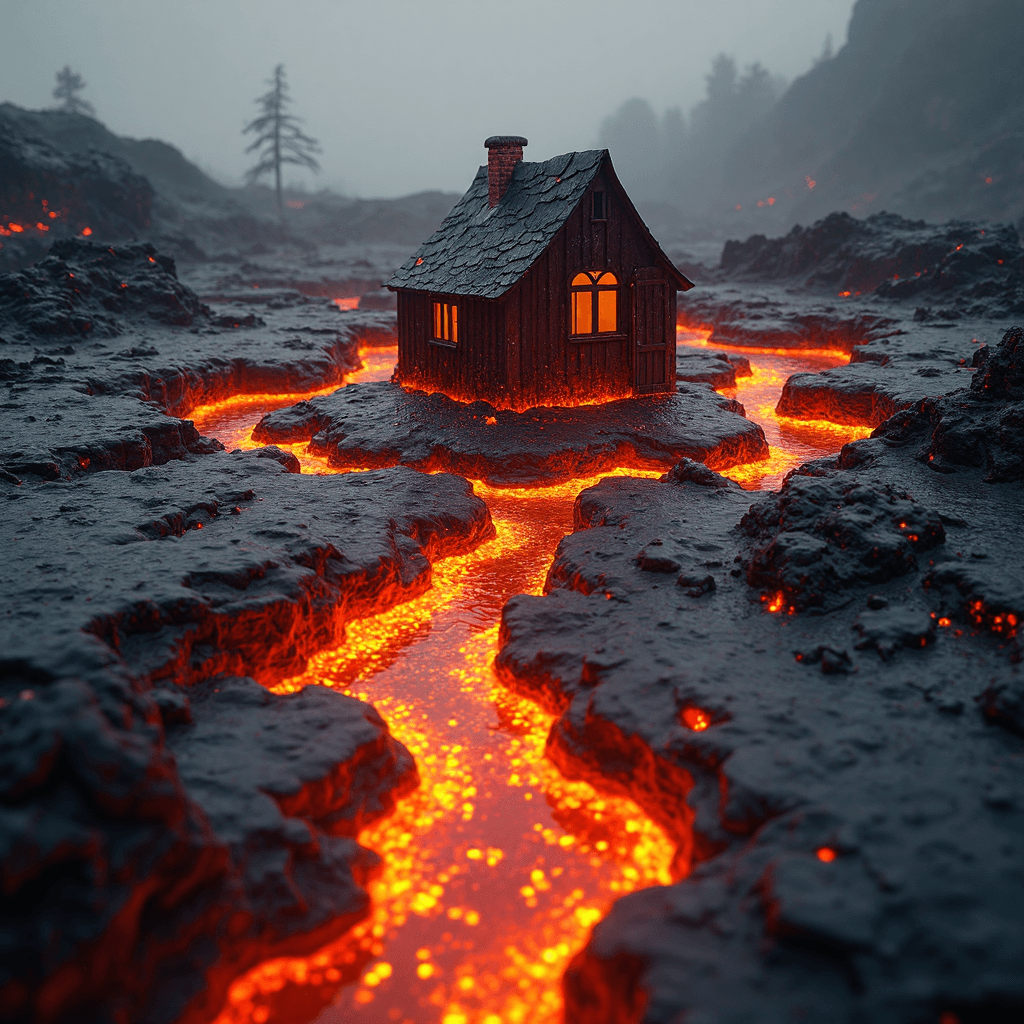 AI generated: surrounded by a bubbling lava swamp with splashes of molten lava, a frozen lava path leads to the ce...