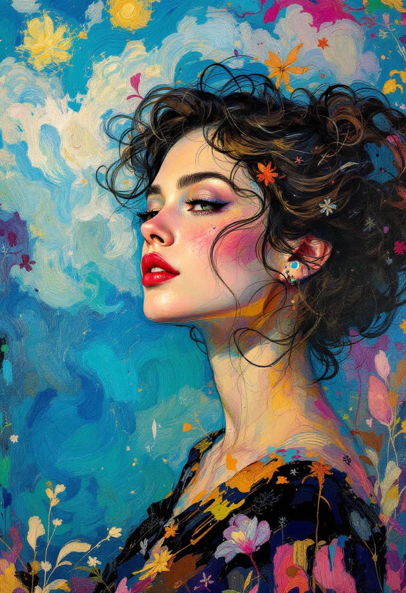 AI generated: Portrait stunning woman, art nouveau, neo impressionism, charcoal illustration colourful brushstroke...