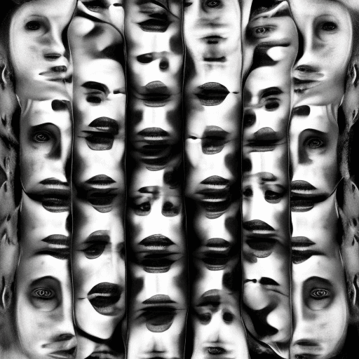 AI generated: black and white. distorted, many faces staring at you, they upside down and under some angle, number...