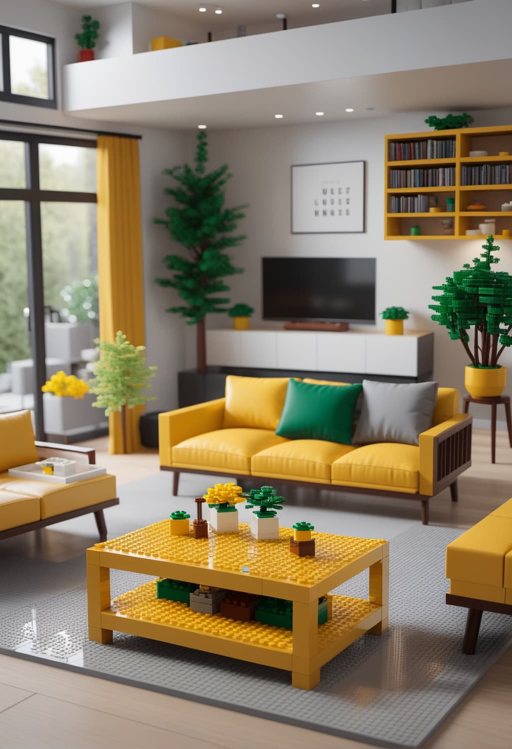 AI generated: The interior of a  Lego house in a living room scene, lego set, highly detailed, lego futniture, int...
