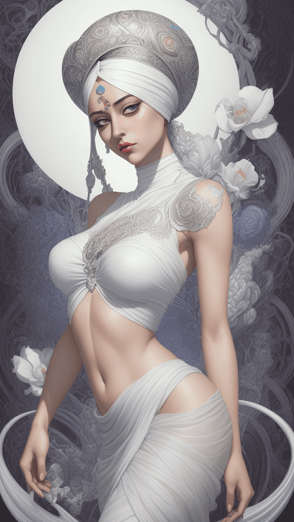 AI generated: a beautiful woman in a white crop top, in the style of light white and dark silver, hannah yata, y2k...