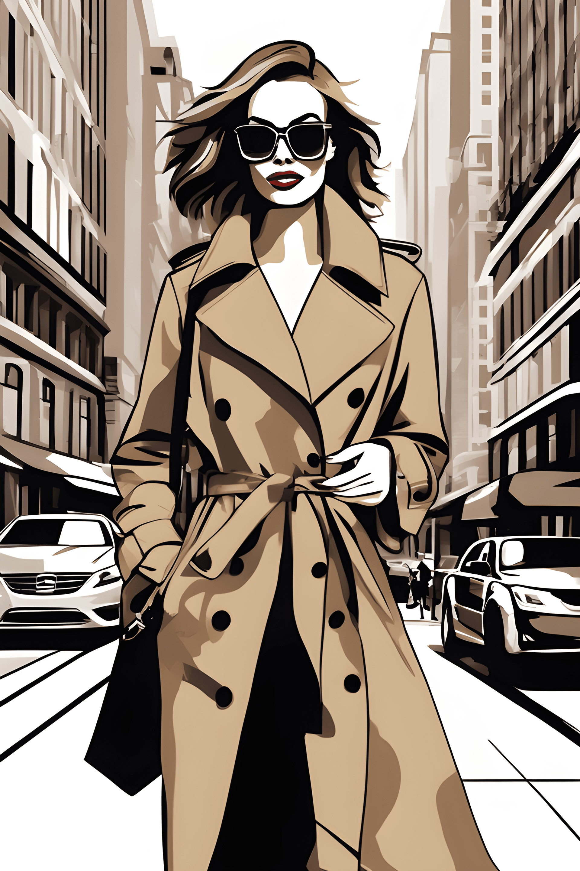 AI generated: Craft a vector illustration of a fashionable woman walking down a bustling city street, adorned in a...