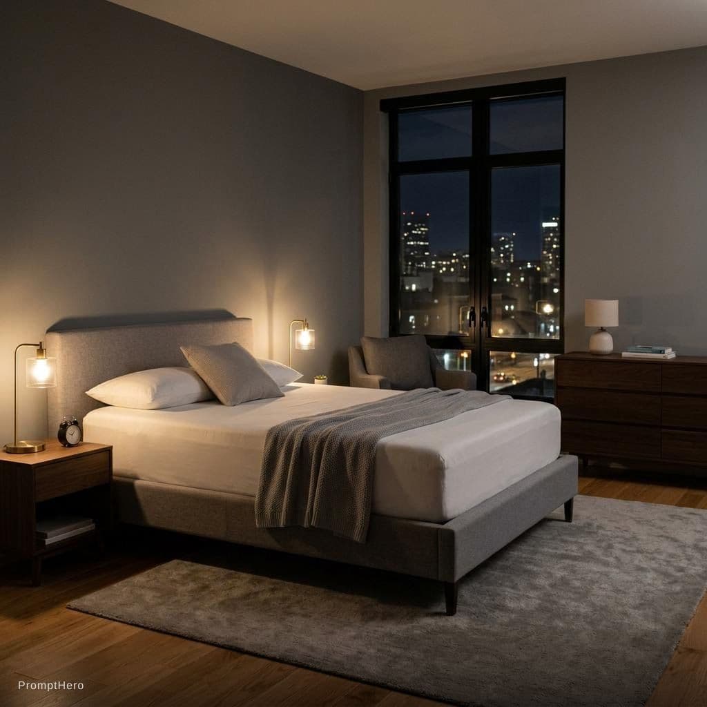 AI generated: place this matress on a bed in a bedroom moderne with a back xindox and furniture in a nghit
