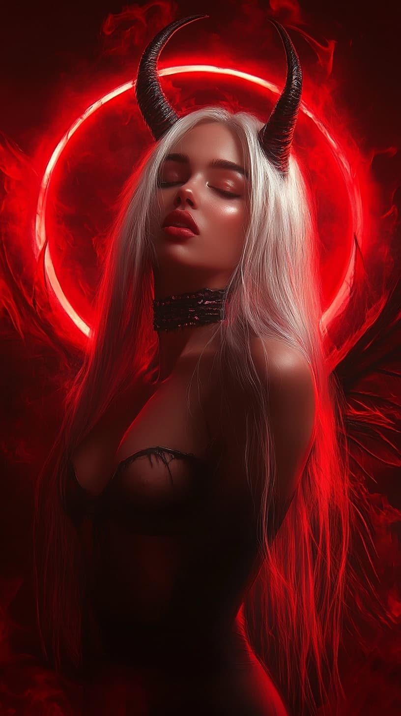 AI generated: A red mist filled with smoke and fog. In the background, ethereal woman, Madison Beer with long whit...