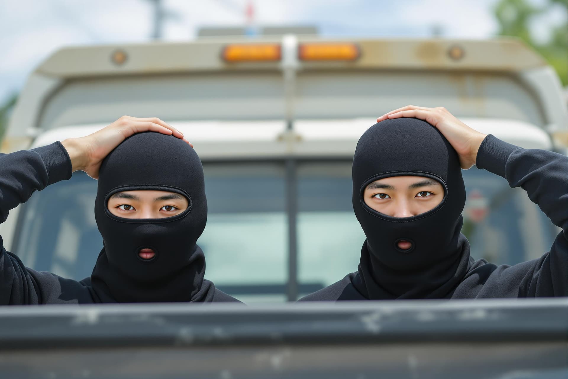 AI generated: Two male Asian born Chinese athletes arrested in day time. They are at the back of a truck. They put...