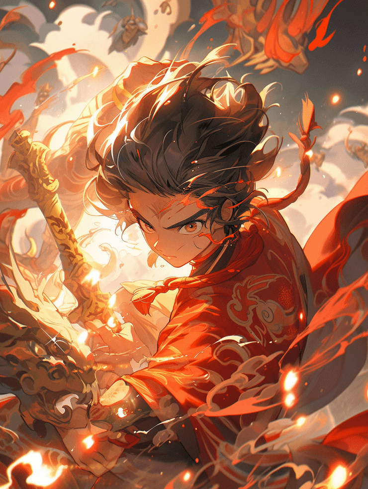 AI generated: Nezha, boy, Chinese mythology,Red scarf, Fiery wheels, Lotus flower, Magical weapons, blue, Closeup ...