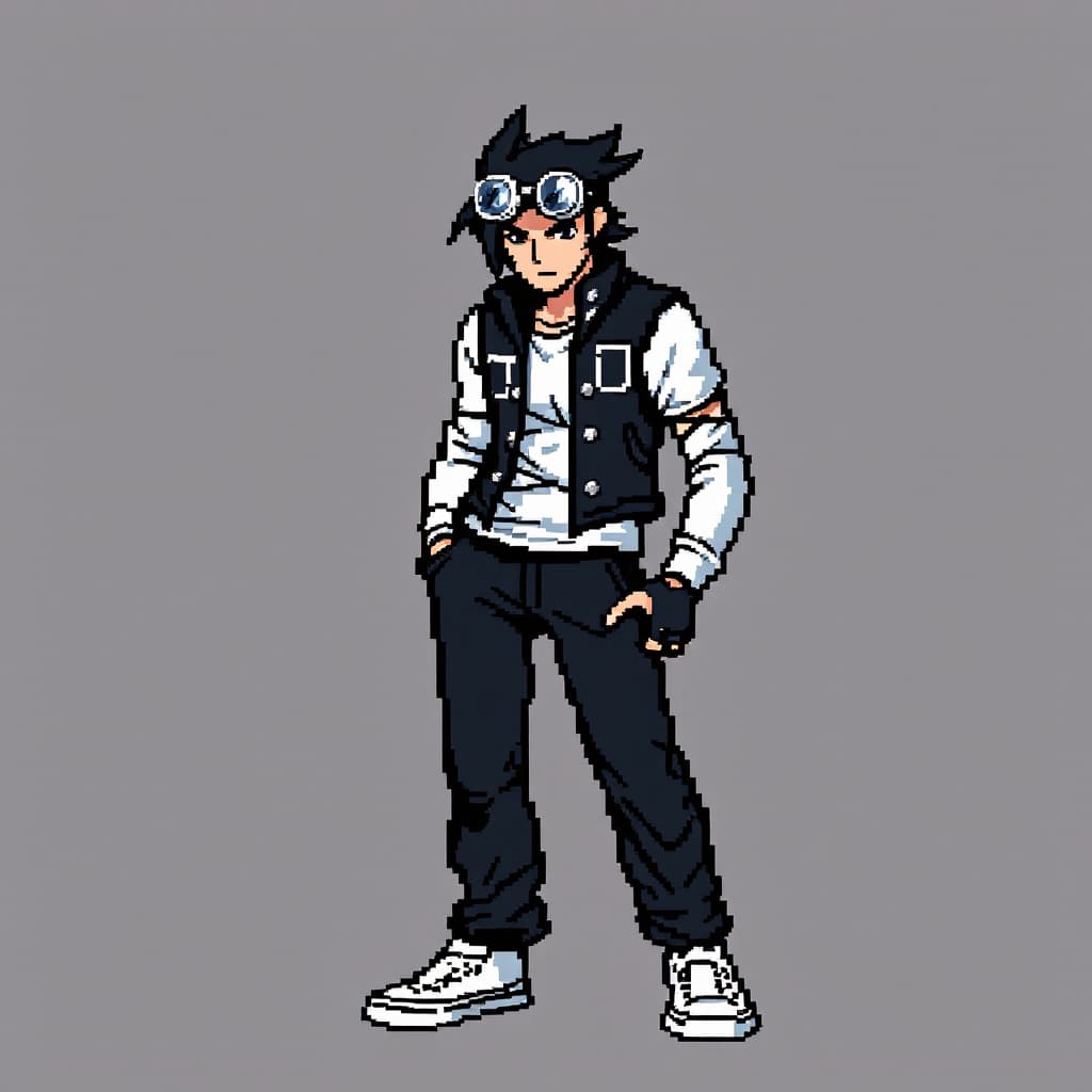 AI generated:  pixel art style of Kilik Rung from Soul Eater wearing  black vest jacket with a white long sleeve u...