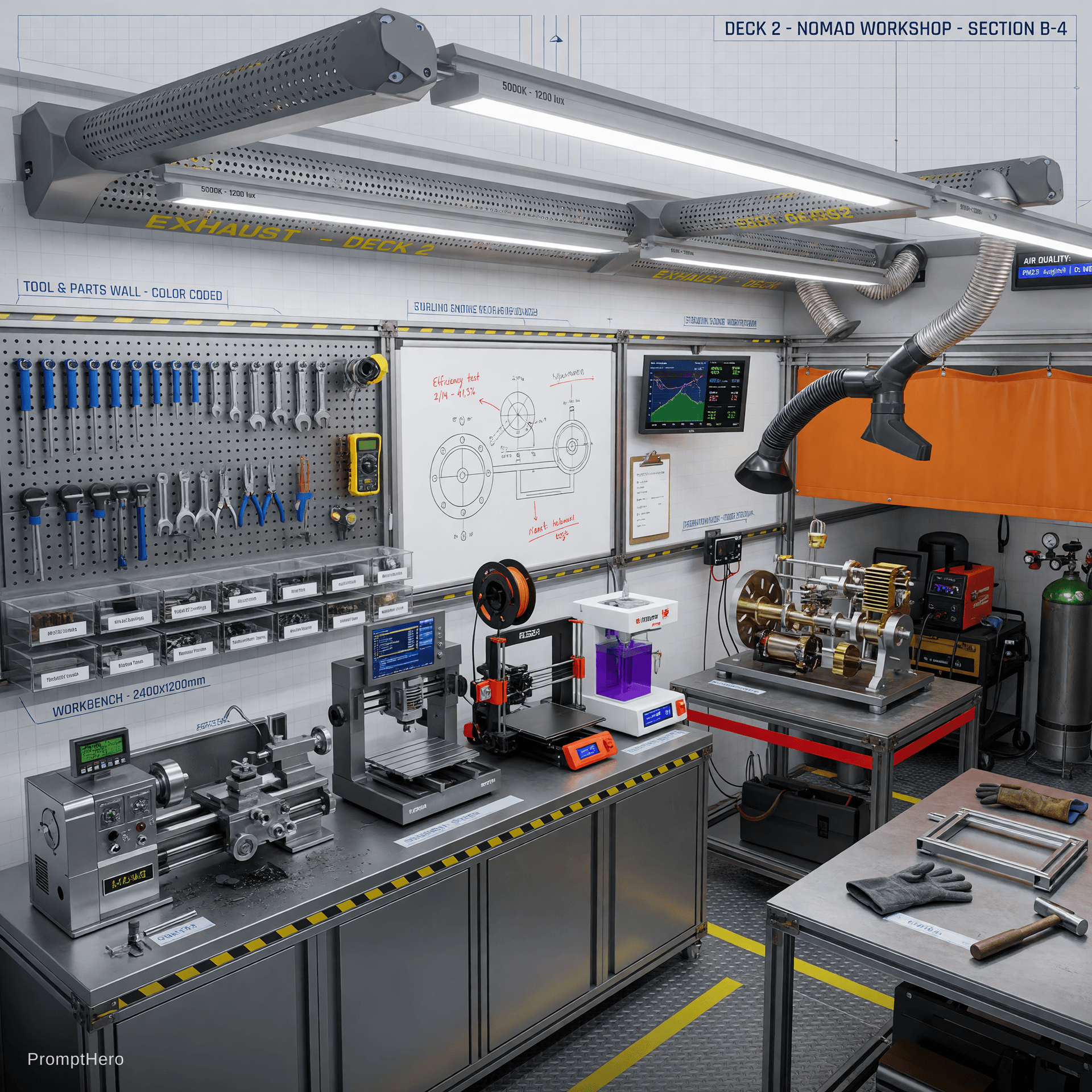 AI generated: Highly detailed technical interior close-up of the workshop on Deck 2 of Projekt Nomad, clean engine...