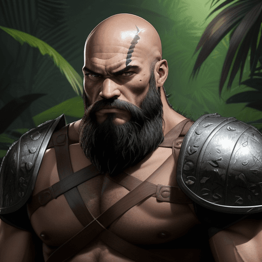 AI generated: He is a jungle warrior, muscular and well-built, with pronounced facial features and a determined an...