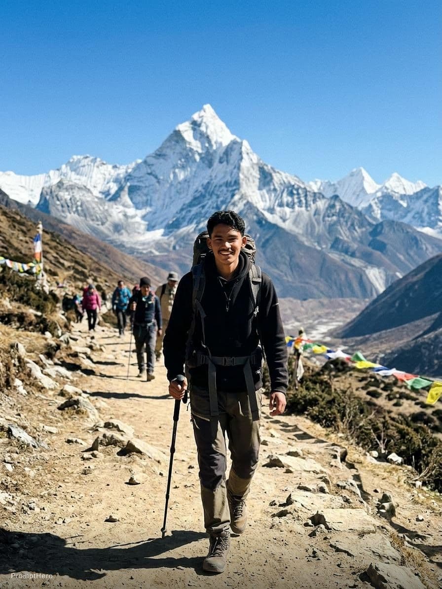 AI generated: A slim guy walking traking in a nepal moutain 