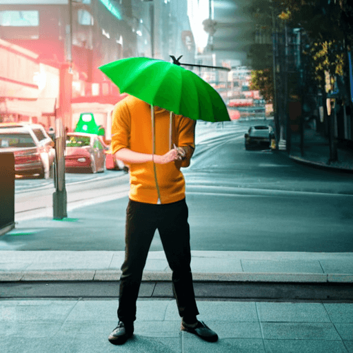 AI generated: asian guy looking arismatic trying to shit on to the umbrella in a hue green light in urban area