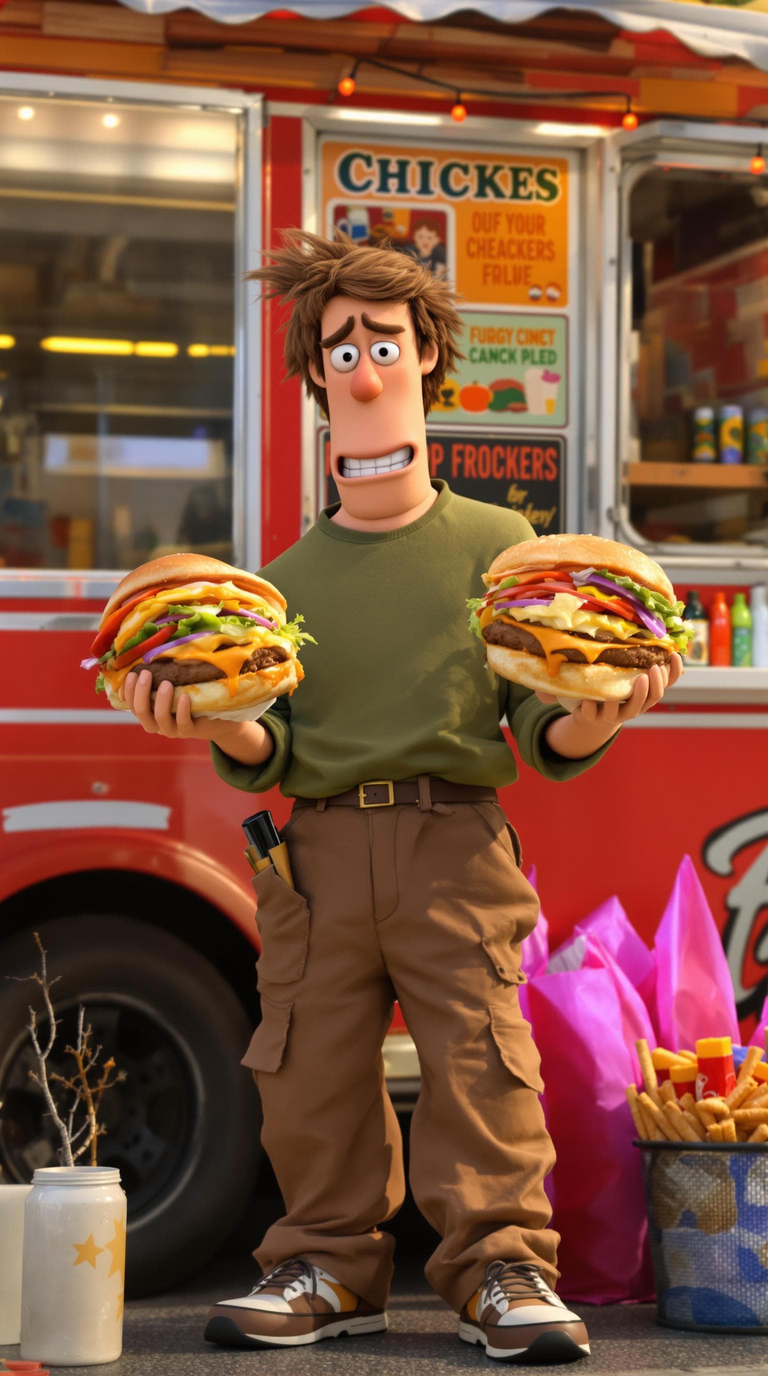 AI generated: A photo-realistic image of a lanky food critic inspired by Shaggy Rogers from Scooby Doo; characteri...